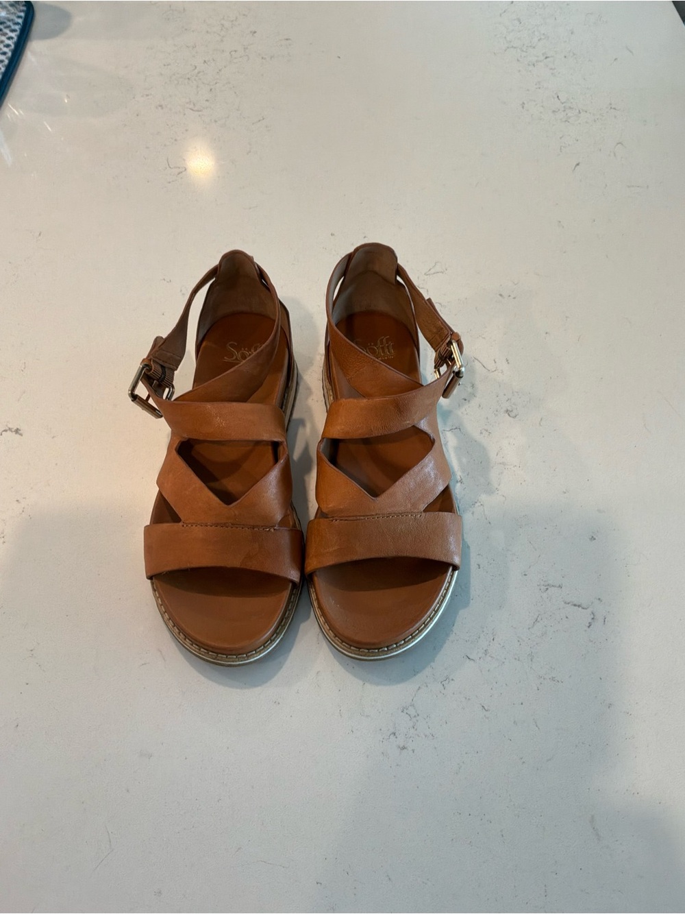 Sofft Tan Leather Crisscross Ankle Strap Sandals